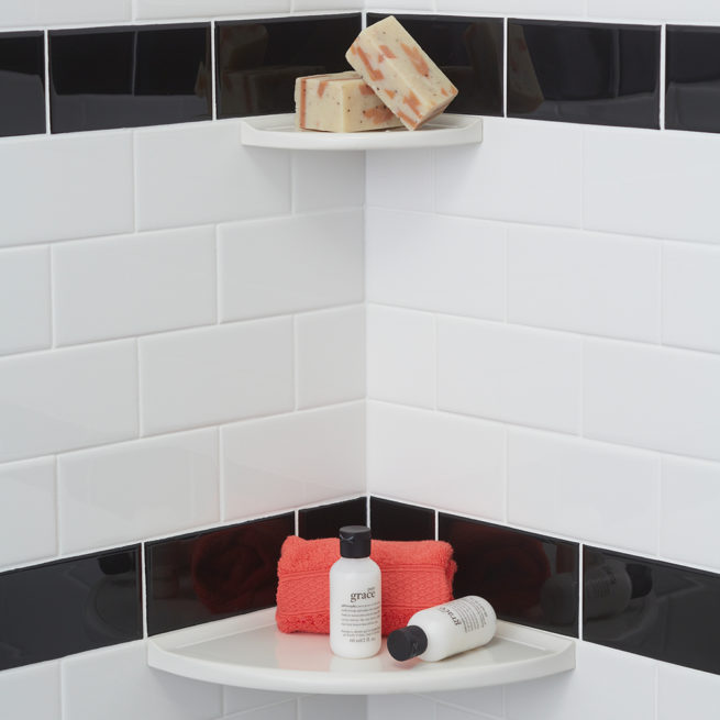 Matte Bright White Wall Mounted Bathroom Organizer Metro Flatback 8 inch Corner Shower Shelf